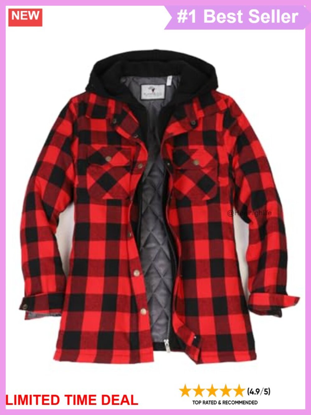 Quilted Lined Flannel Shacket Hood Multi-Pocket Cotton Blend